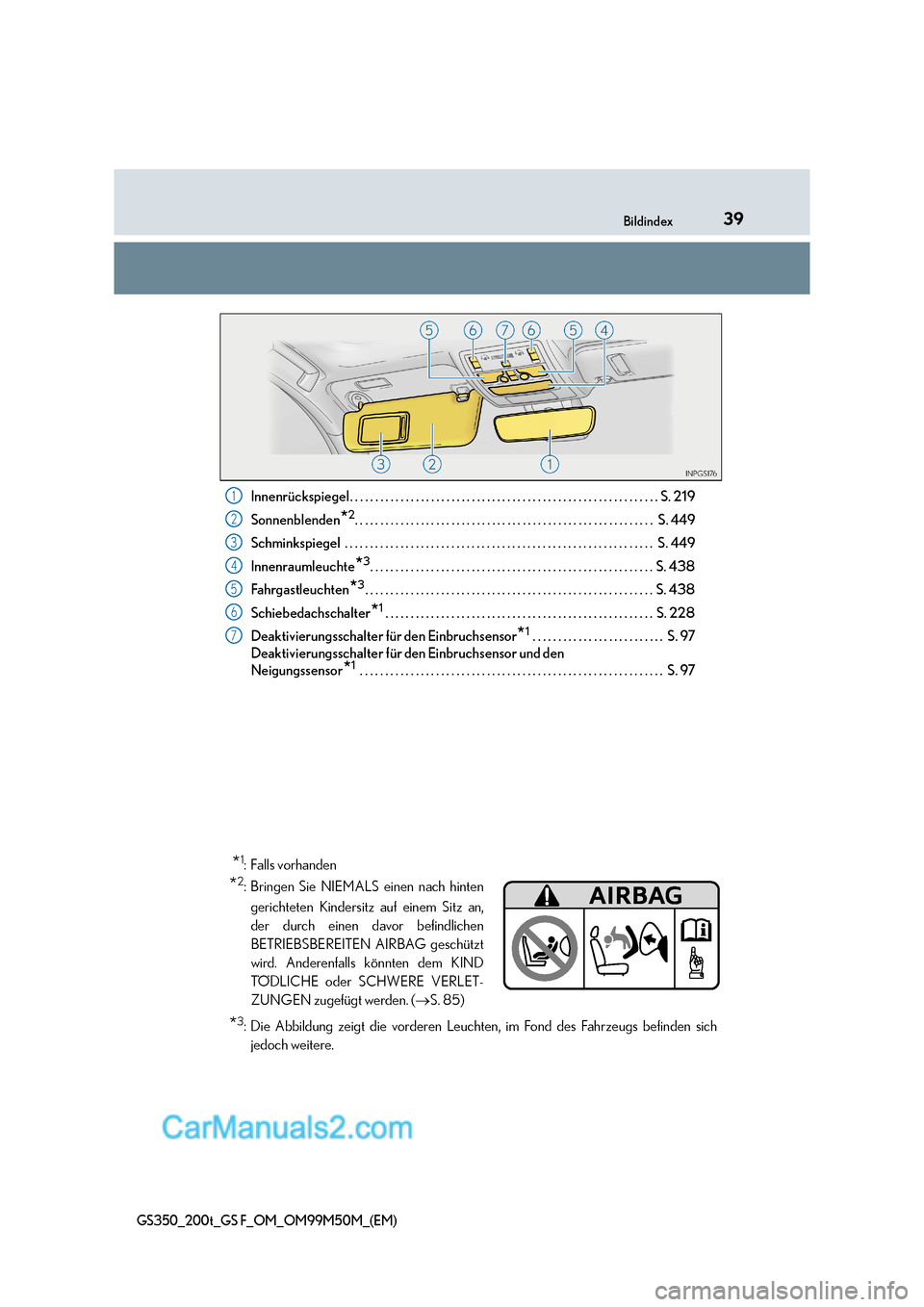 Lexus GS F 2016  Betriebsanleitung (in German) 39Bildindex
GS350_200t_GS F_OM_OM99M50M_(EM)
Innenrückspiegel. . . . . . . . . . . . . . . . . . . . . . . . . . . . . . . . . . . . . . . . . . . . . . . . . . . . . . . . . . . . . S. 219
Sonnenble