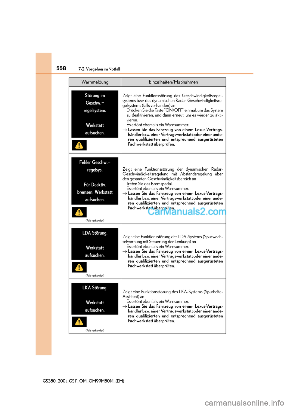 Lexus GS F 2016  Betriebsanleitung (in German) 5587-2. Vorgehen im Notfall
GS350_200t_GS F_OM_OM99M50M_(EM)
Zeigt eine Funktionsstörung des Geschwindigkeitsregel-
systems bzw. des dynamischen Radar-Geschwindigkeitsre-
gelsystems (falls vorhanden)