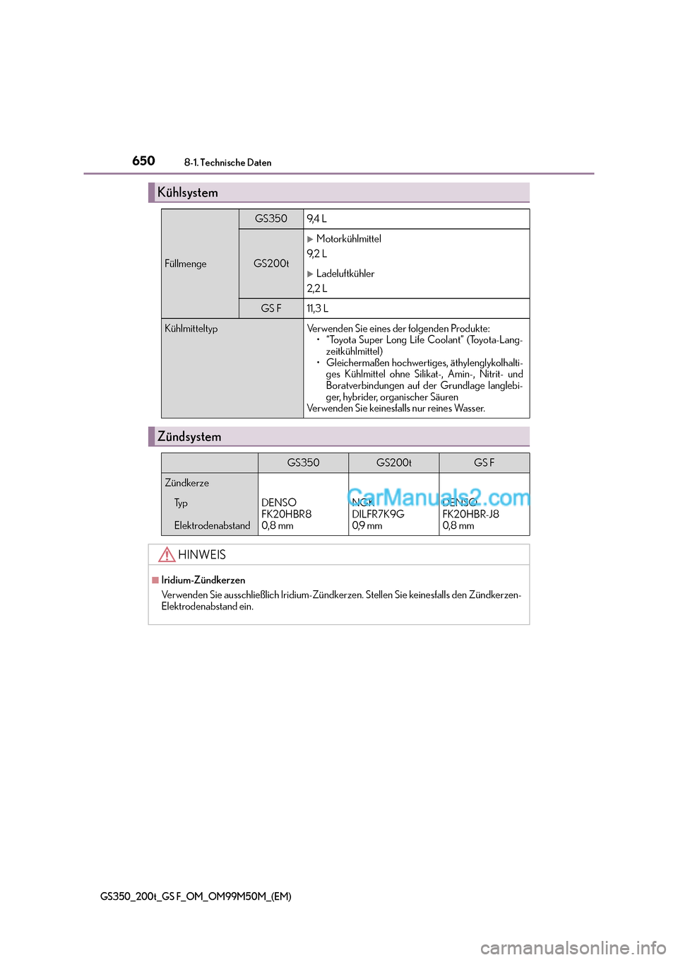 Lexus GS F 2016  Betriebsanleitung (in German) 6508-1. Technische Daten
GS350_200t_GS F_OM_OM99M50M_(EM)
Kühlsystem
Füllmenge
GS3509,4  L
GS200t
�XMotorkühlmittel
9, 2  L
�XLadeluftkühler
2,2 L
GS F11,3 L
KühlmitteltypVerwenden Sie eines der 
