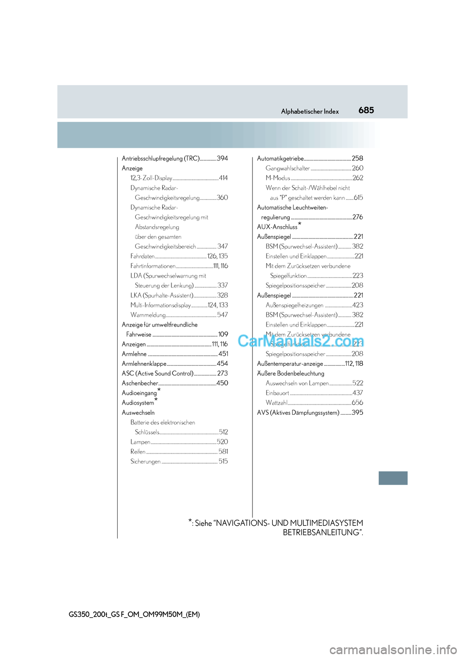 Lexus GS F 2016  Betriebsanleitung (in German) 685Alphabetischer Index
GS350_200t_GS F_OM_OM99M50M_(EM)
Antriebsschlupfregelung (TRC).............. 394
Anzeige12,3-Zoll-Display .......................................... 414
Dynamische Radar-Geschw