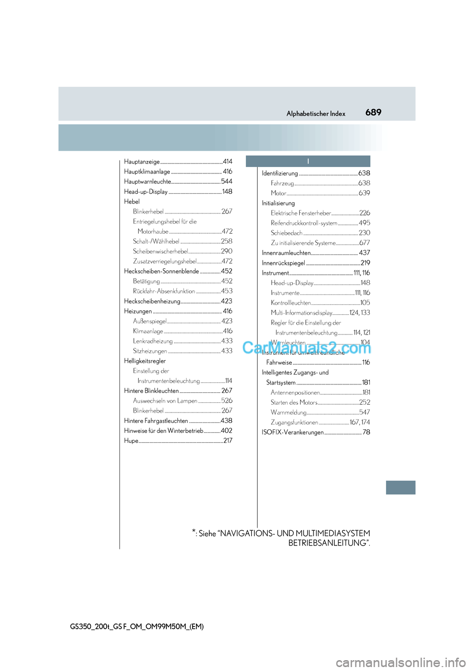 Lexus GS F 2016  Betriebsanleitung (in German) 689Alphabetischer Index
GS350_200t_GS F_OM_OM99M50M_(EM)
Hauptanzeige ....................................................414
Hauptklimaanlage .......................................... 416
Hauptwarnl