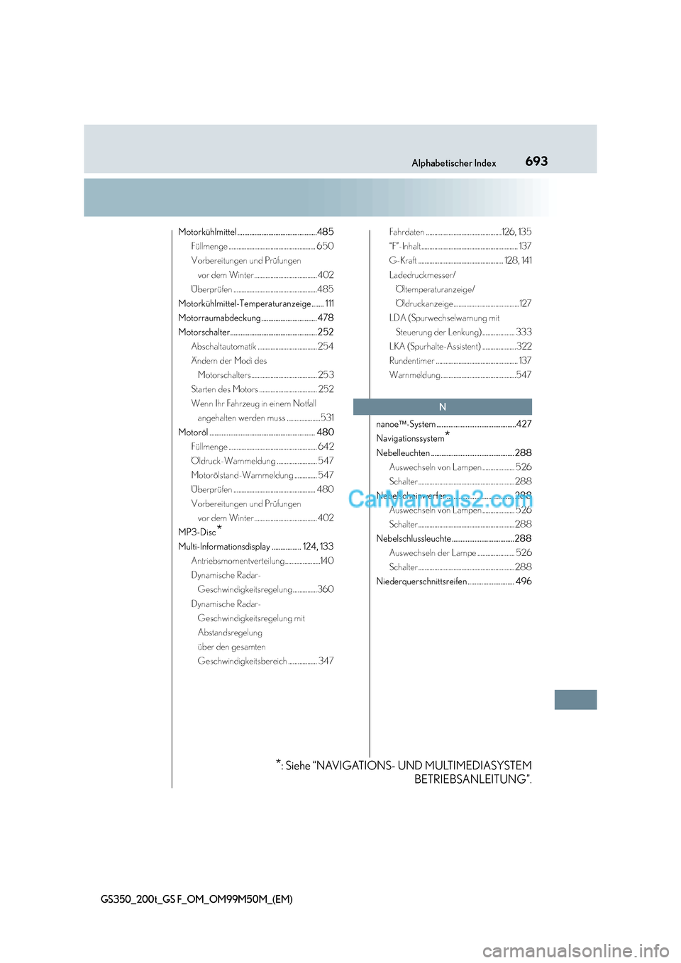 Lexus GS F 2016  Betriebsanleitung (in German) 693Alphabetischer Index
GS350_200t_GS F_OM_OM99M50M_(EM)
Motorkühlmittel ..............................................485Füllmenge ...................................................... 650
Vorbere
