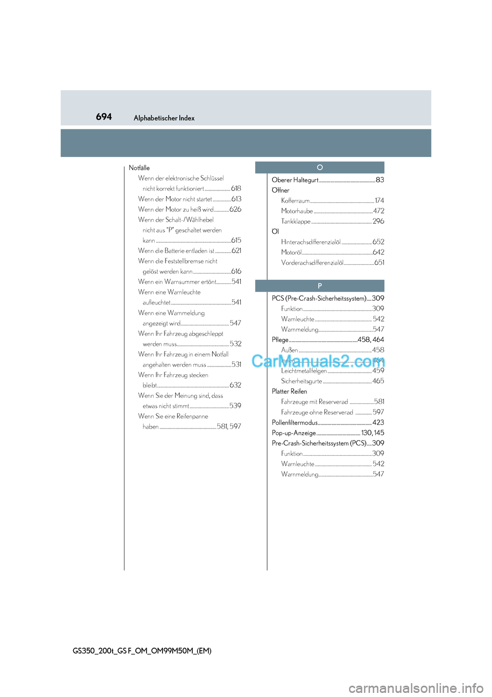 Lexus GS F 2016  Betriebsanleitung (in German) 694Alphabetischer Index
GS350_200t_GS F_OM_OM99M50M_(EM)
NotfälleWenn der elektronische Schlüssel nicht korrekt funktioniert ...................... 618
Wenn der Motor nicht startet ................6