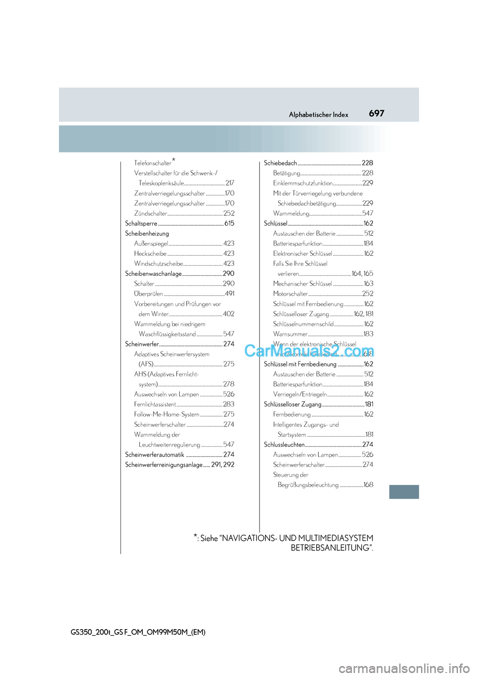 Lexus GS F 2016  Betriebsanleitung (in German) 697Alphabetischer Index
GS350_200t_GS F_OM_OM99M50M_(EM)
Telefonschalter*
Verstellschalter für die Schwenk-/Teleskoplenksäule.................................... 217
Zentralverriegelungsschalter ...