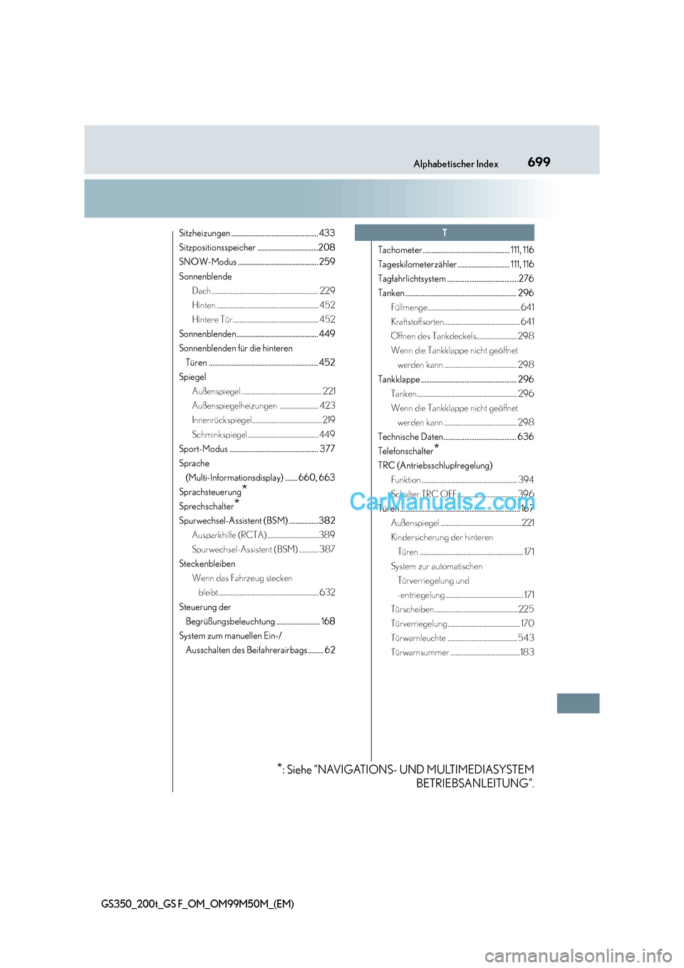 Lexus GS F 2016  Betriebsanleitung (in German) 699Alphabetischer Index
GS350_200t_GS F_OM_OM99M50M_(EM)
Sitzheizungen .................................................. 433
Sitzpositionsspeicher ...................................208
SNOW-Modus ..