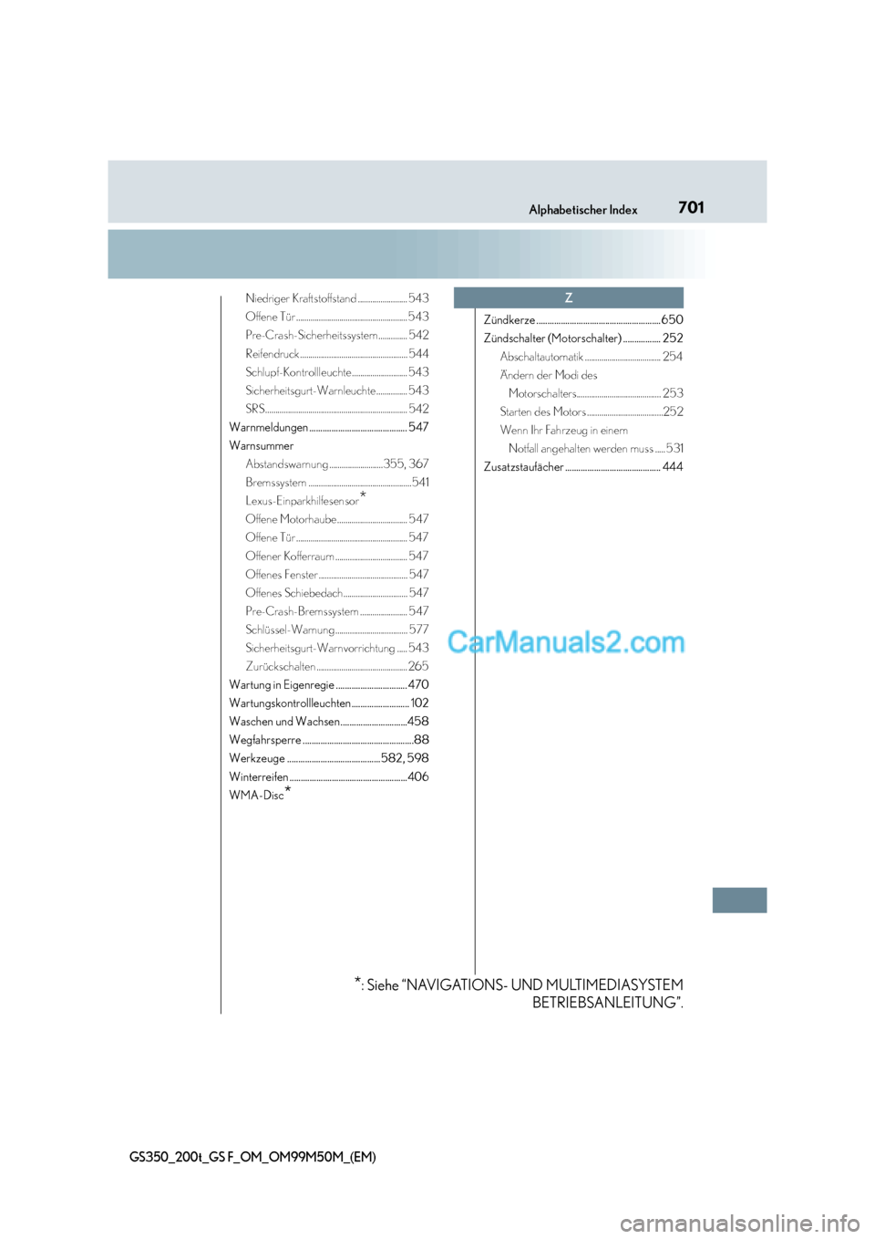 Lexus GS F 2016  Betriebsanleitung (in German) 701Alphabetischer Index
GS350_200t_GS F_OM_OM99M50M_(EM)
Niedriger Kraftstoffstand ........................ 543
Offene Tür...................................................... 543
Pre-Crash-Sicherhe