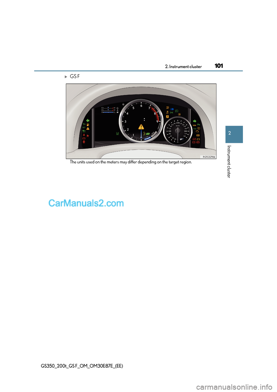 Lexus GS F 2015  Owners Manuals 1012. Instrument cluster
2
Instrument cluster
GS350_200t_GS F_OM_OM30E87E_(EE)
�XGS F
The units used on the meters may differ depending on the target region.  