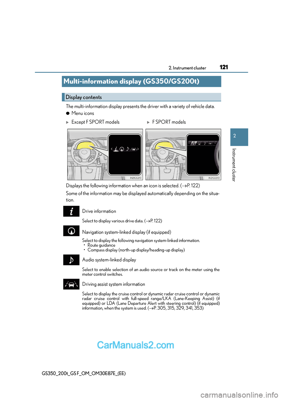 Lexus GS F 2015  Owners Manuals 121
2
2. Instrument cluster
Instrument cluster
GS350_200t_GS F_OM_OM30E87E_(EE)
Multi-information display (GS350/GS200t)
The multi-information display presents the 
driver with a variety of vehicle da