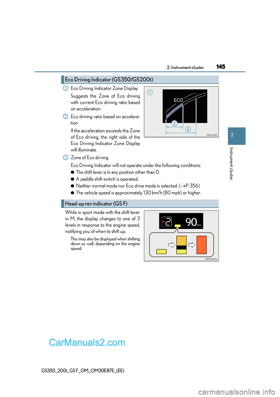 Lexus GS F 2015  s Service Manual 1452. Instrument cluster
2
Instrument cluster
GS350_200t_GS F_OM_OM30E87E_(EE)
Eco Driving Indicator Zone Display
Suggests the Zone of Eco driving
with current Eco driving ratio based
on acceleration.