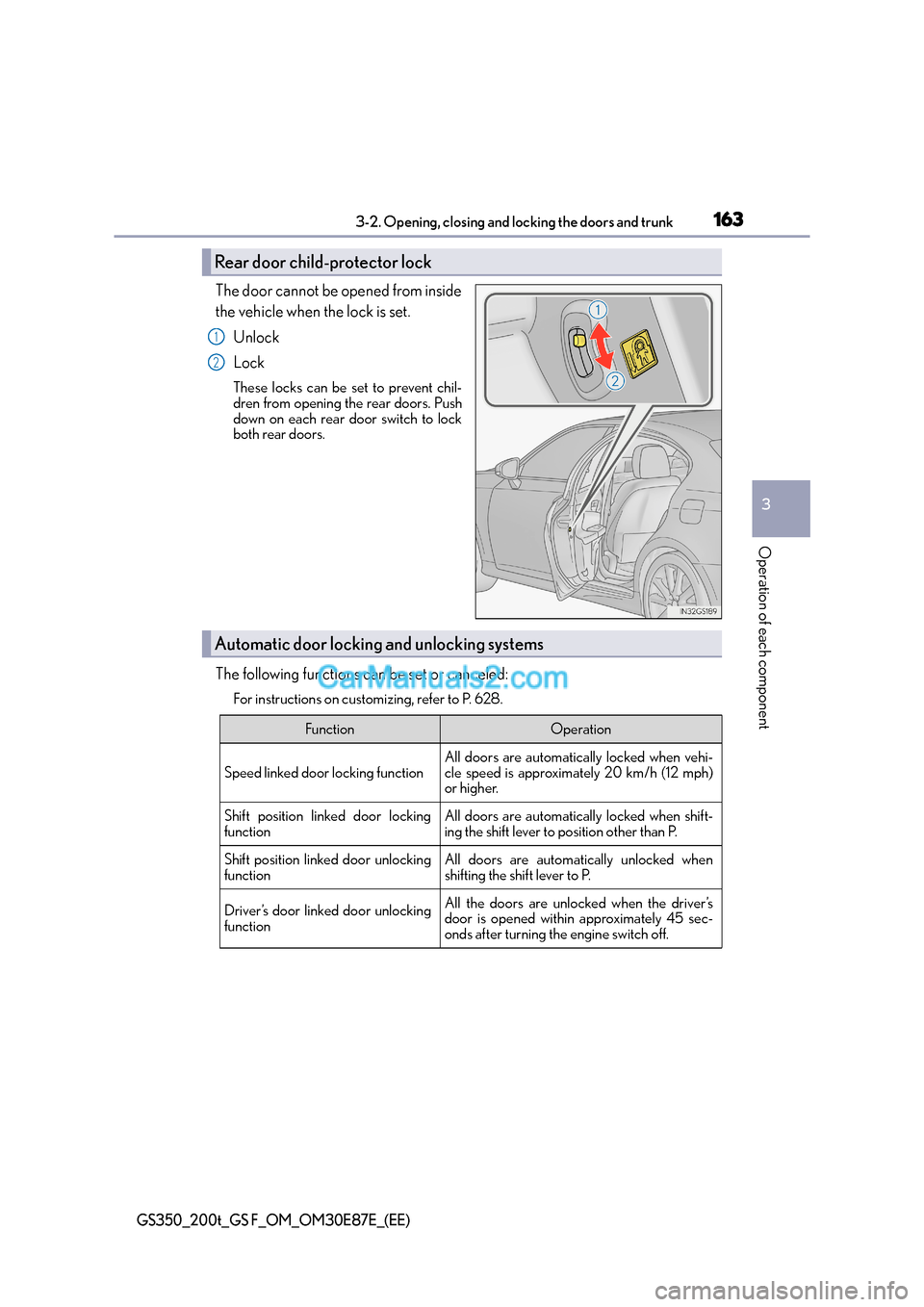 Lexus GS F 2015  s Service Manual 1633-2. Opening, closing and locking the doors and trunk
3
Operation of each component
GS350_200t_GS F_OM_OM30E87E_(EE)
The door cannot be opened from inside
the vehicle when the lock is set.Unlock
Lo