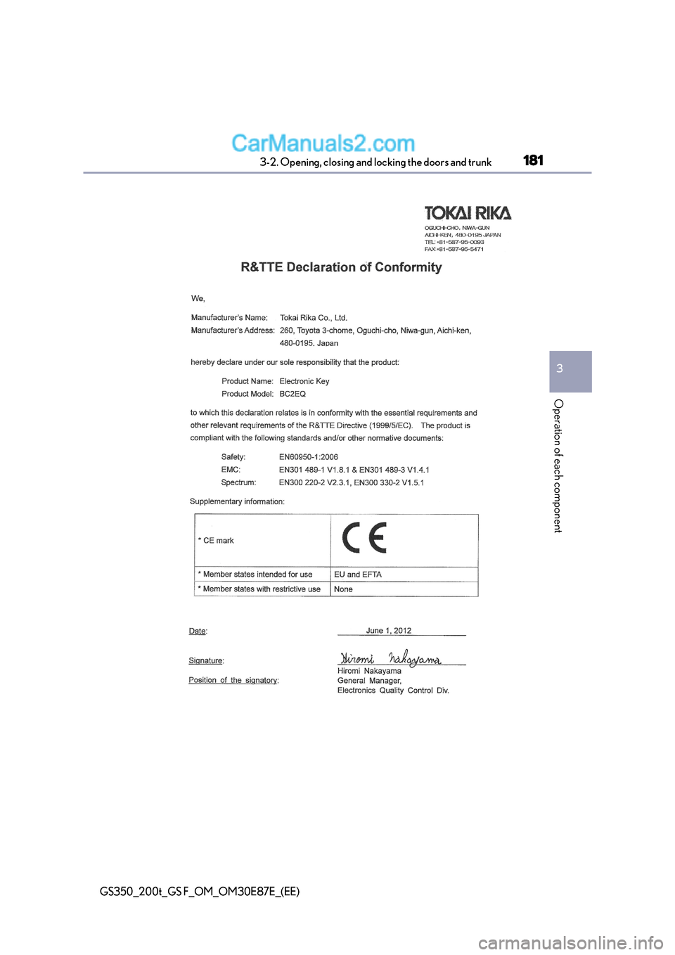 Lexus GS F 2015  Owners Manuals 1813-2. Opening, closing and locking the doors and trunk
3
Operation of each component
GS350_200t_GS F_OM_OM30E87E_(EE)  