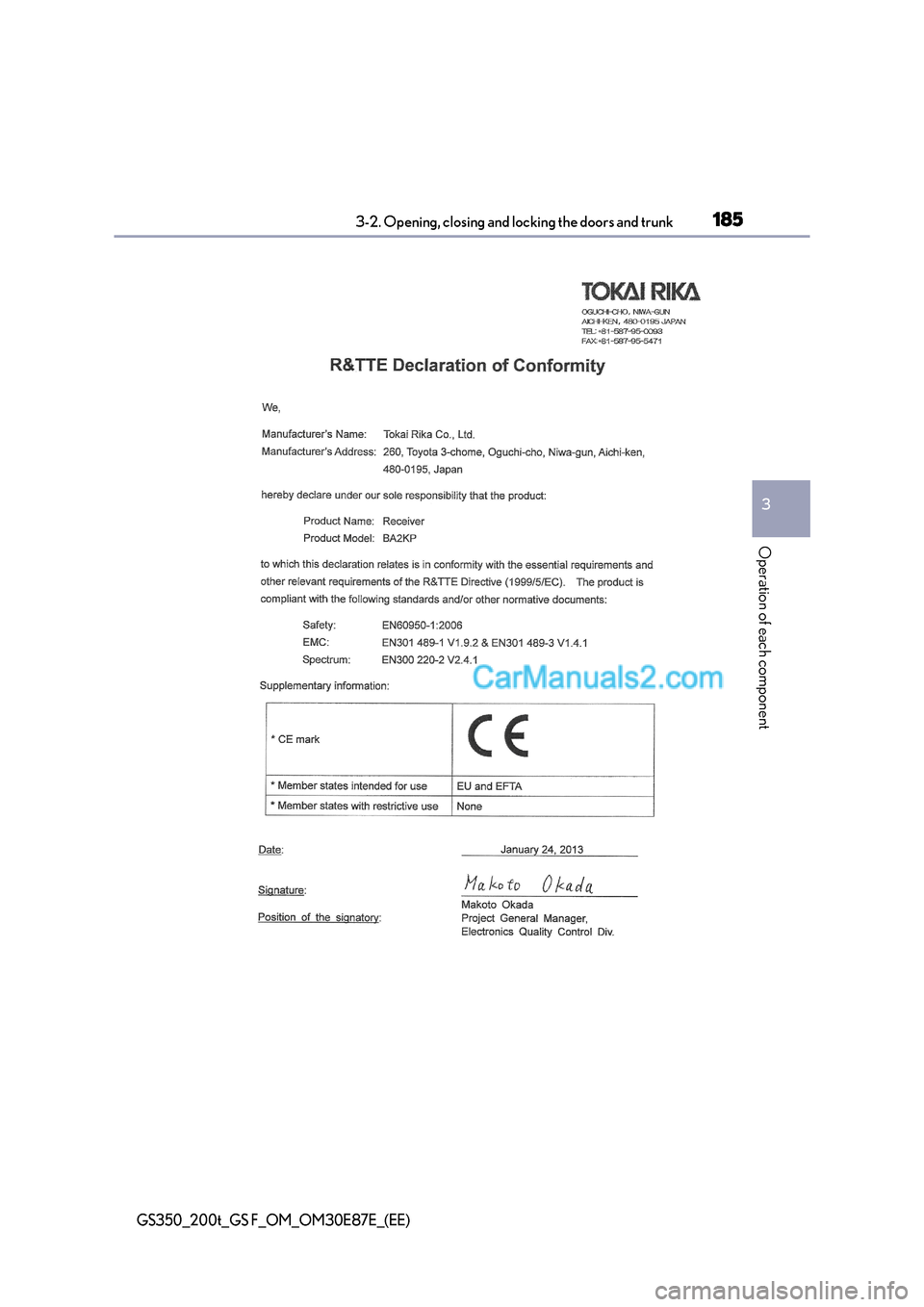 Lexus GS F 2015  Owners Manuals 1853-2. Opening, closing and locking the doors and trunk
3
Operation of each component
GS350_200t_GS F_OM_OM30E87E_(EE)  