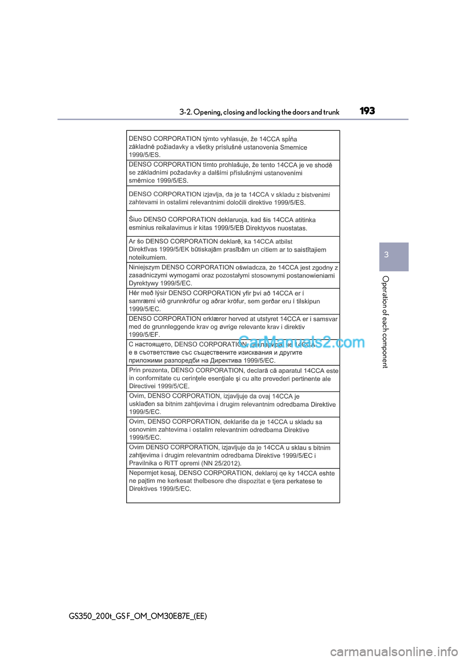 Lexus GS F 2015  Owners Manuals 1933-2. Opening, closing and locking the doors and trunk
3
Operation of each component
GS350_200t_GS F_OM_OM30E87E_(EE)  