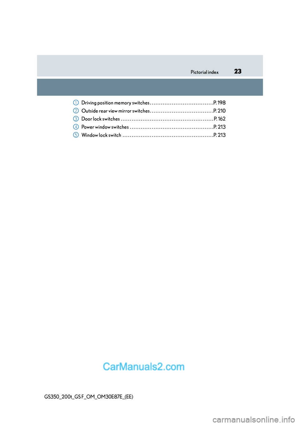 Lexus GS F 2015  Owners Manuals 23Pictorial index
GS350_200t_GS F_OM_OM30E87E_(EE)
Driving position memory switches . . . . . . . . . . . . . . . . . . . . . . . . . . . . . . . . . . .P. 198
Outside rear view mirror switches . . . 