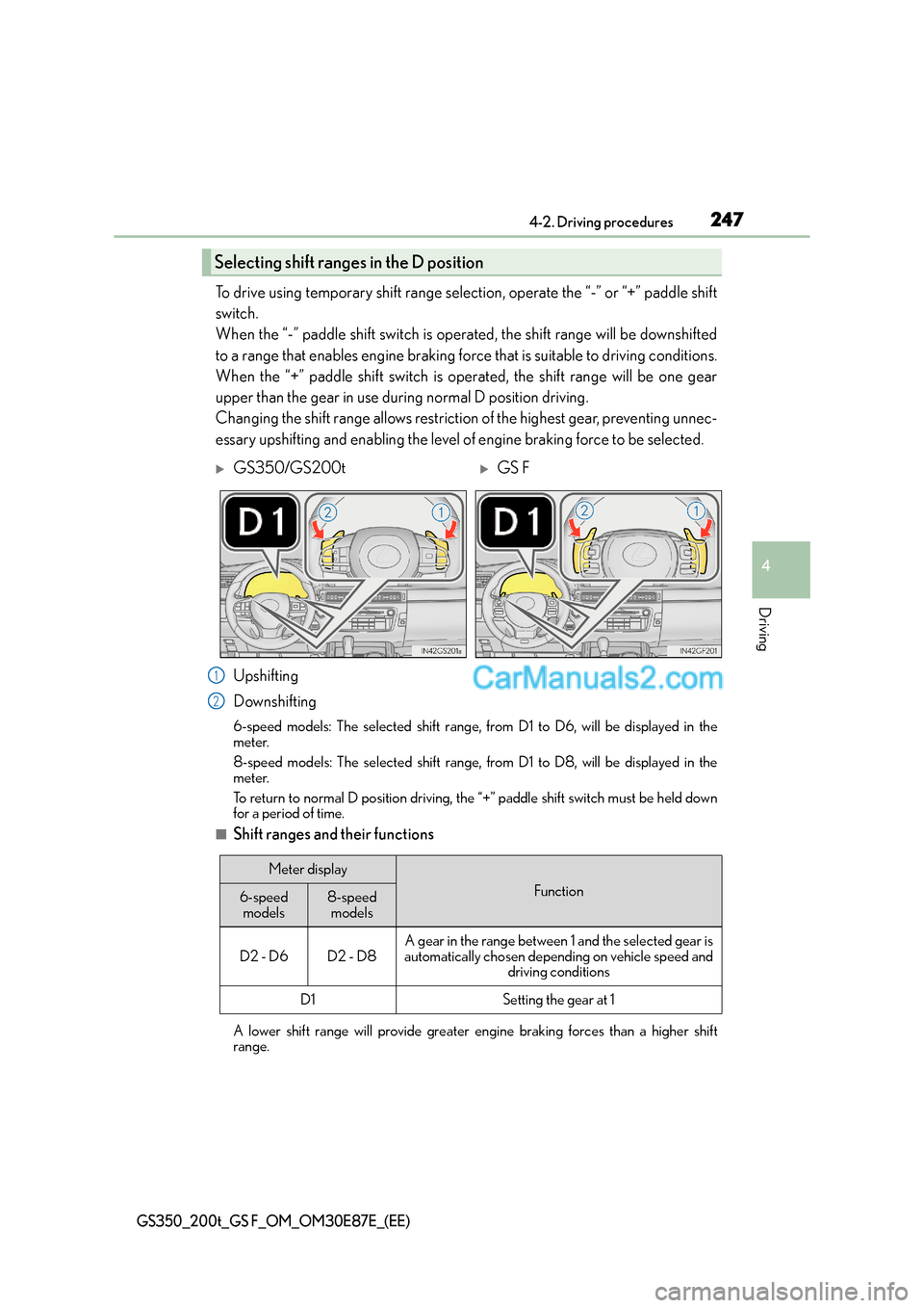 Lexus GS F 2015 Owners Manuals 2474-2. Driving procedures
4
Driving
GS350_200t_GS F_OM_OM30E87E_(EE)
To drive using temporary shift range selection, operate the “-” or “+” paddle shift
switch.
When the “-” paddle shift Lexus GS F 2015 Owners Manuals 2474-2. Driving procedures
4
Driving
GS350_200t_GS F_OM_OM30E87E_(EE)
To drive using temporary shift range selection, operate the “-” or “+” paddle shift
switch.
When the “-” paddle shift