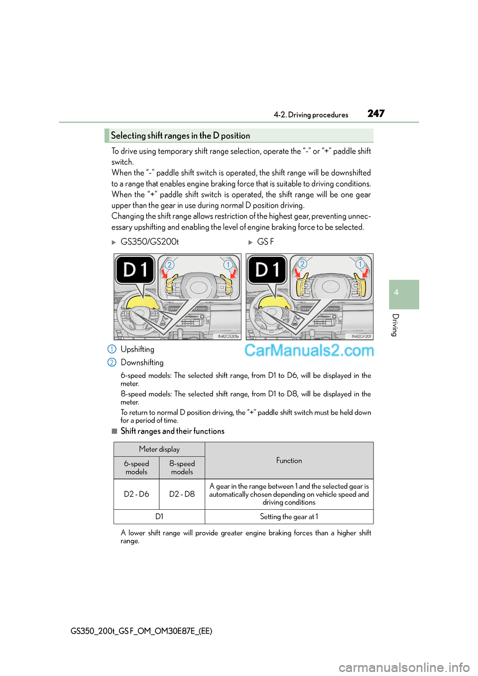 Lexus GS F 2015  s Manual Online 2474-2. Driving procedures
4
Driving
GS350_200t_GS F_OM_OM30E87E_(EE)
To drive using temporary shift range selection, operate the “-” or “+” paddle shift
switch. 
When the “-” paddle shift