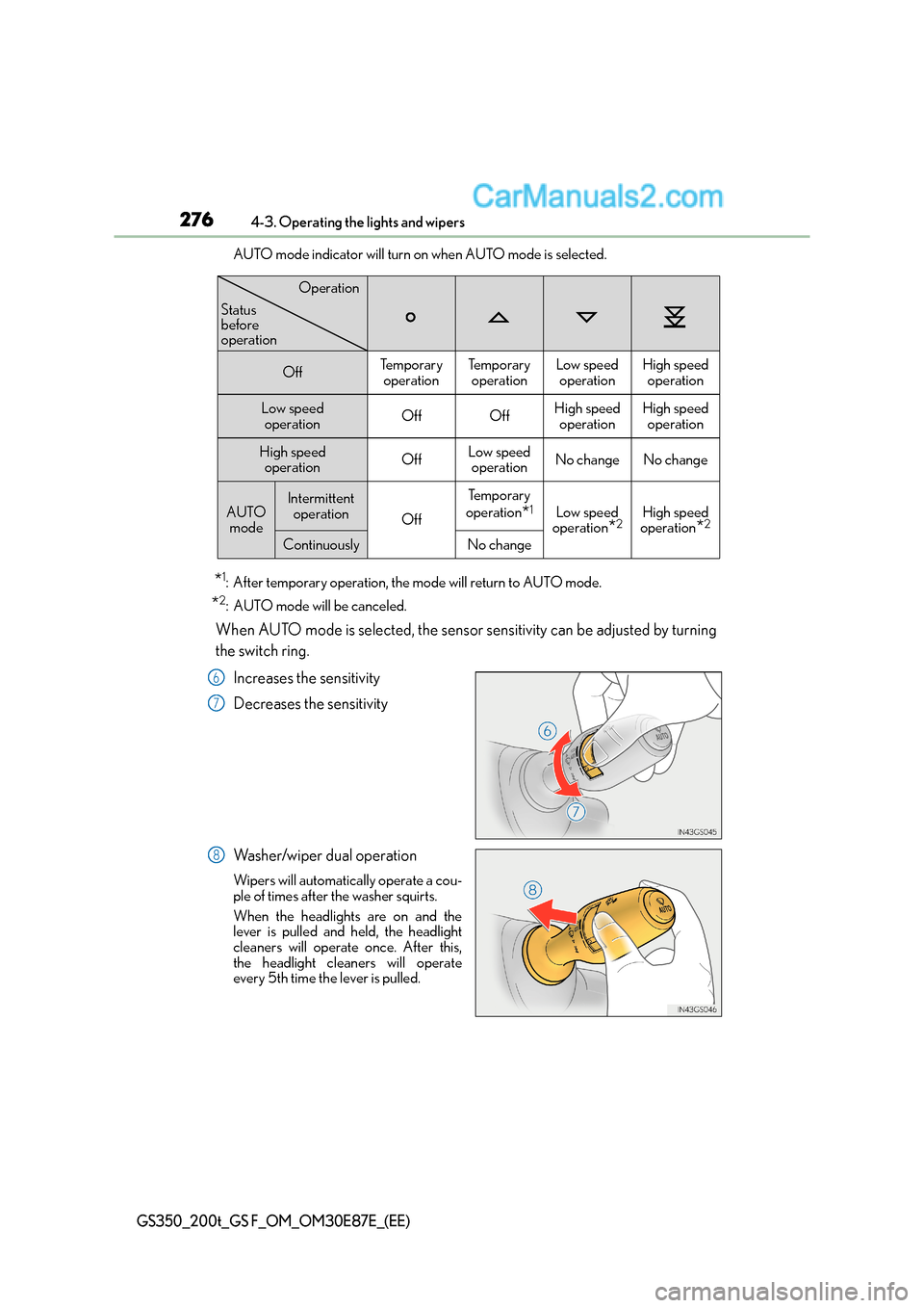 Lexus GS F 2015  s User Guide 2764-3. Operating the lights and wipers
GS350_200t_GS F_OM_OM30E87E_(EE)
AUTO mode indicator will turn on when AUTO mode is selected.
*1: After temporary operation, the mode will return to AUTO mode.
