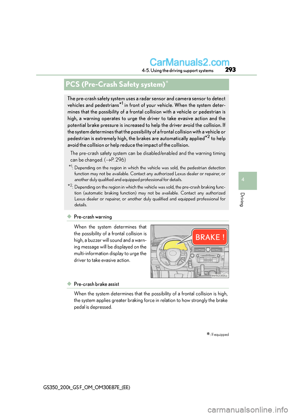 Lexus GS F 2015  Owners Manuals 293
4
4-5. Using the driving support systems
Driving
GS350_200t_GS F_OM_OM30E87E_(EE)
PCS (Pre-Crash Safety system)∗
◆Pre-crash warning
When the system determines that
the possibility of a frontal