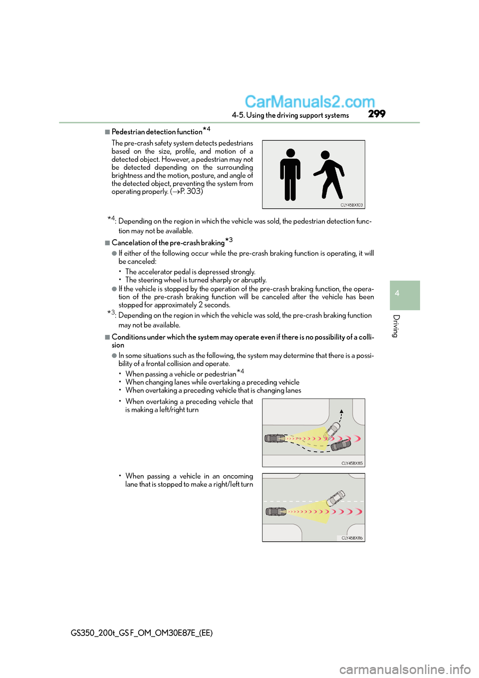 Lexus GS F 2015  Owners Manuals 2994-5. Using the driving support systems
4
Driving
GS350_200t_GS F_OM_OM30E87E_(EE)
■Pedestrian detection function*4
*4: Depending on the region in which the vehicle was sold, the pedestrian detect
