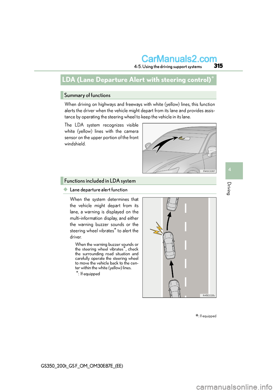 Lexus GS F 2015 Owners Manuals 315
4
4-5. Using the driving support systems
Driving
GS350_200t_GS F_OM_OM30E87E_(EE)
LDA (Lane Departure Alert with steering control)∗
When driving on highways and freeways with white (yellow) line Lexus GS F 2015 Owners Manuals 315
4
4-5. Using the driving support systems
Driving
GS350_200t_GS F_OM_OM30E87E_(EE)
LDA (Lane Departure Alert with steering control)∗
When driving on highways and freeways with white (yellow) line