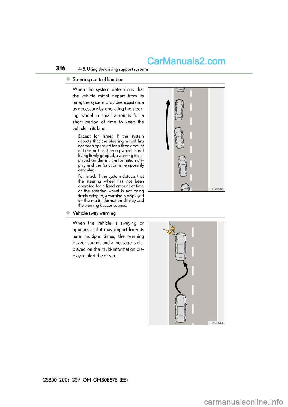 Lexus GS F 2015 Owners Manuals 3164-5. Using the driving support systems
GS350_200t_GS F_OM_OM30E87E_(EE)
◆Steering control function
When the system determines that
the vehicle might depart from its
lane, the system provides assi Lexus GS F 2015 Owners Manuals 3164-5. Using the driving support systems
GS350_200t_GS F_OM_OM30E87E_(EE)
◆Steering control function
When the system determines that
the vehicle might depart from its
lane, the system provides assi