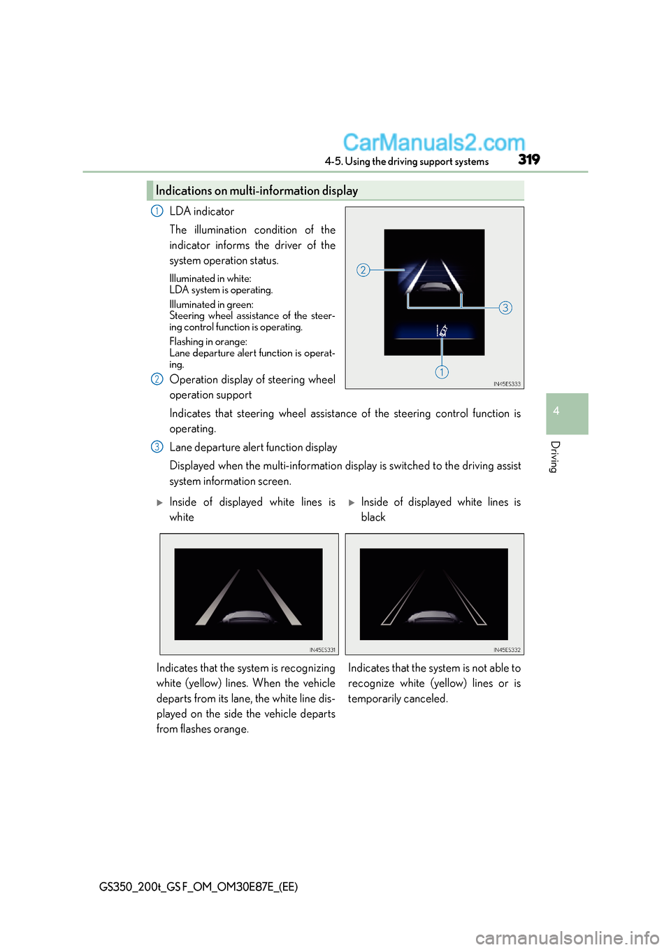 Lexus GS F 2015 Owners Manuals 3194-5. Using the driving support systems
4
Driving
GS350_200t_GS F_OM_OM30E87E_(EE)
LDA indicator
The illumination condition of the
indicator informs the driver of the
system operation status.
Illumi Lexus GS F 2015 Owners Manuals 3194-5. Using the driving support systems
4
Driving
GS350_200t_GS F_OM_OM30E87E_(EE)
LDA indicator
The illumination condition of the
indicator informs the driver of the
system operation status.
Illumi