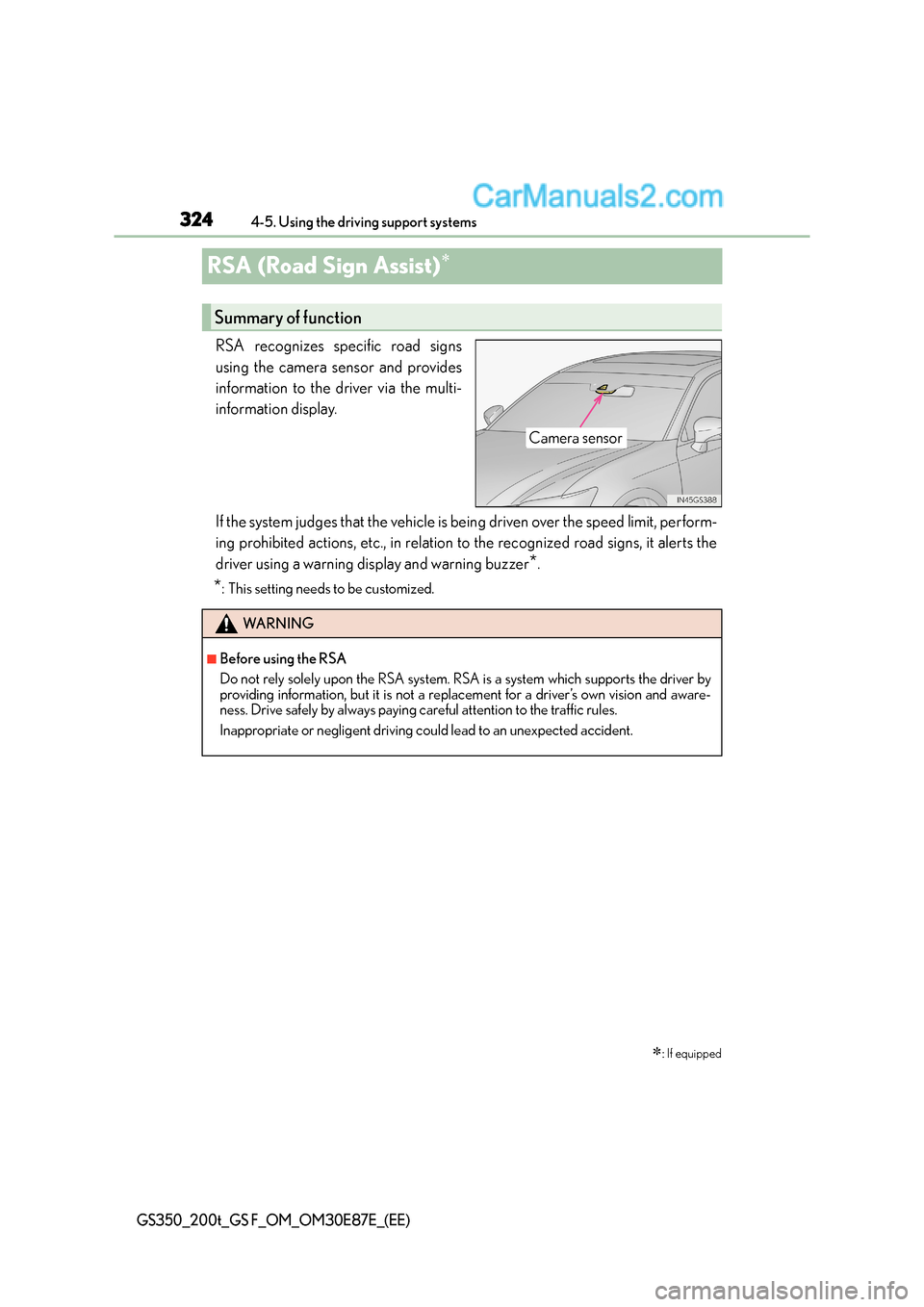 Lexus GS F 2015 Owners Manuals 3244-5. Using the driving support systems
GS350_200t_GS F_OM_OM30E87E_(EE)
RSA (Road Sign Assist)∗
RSA recognizes specific road signs
using the camera sensor and provides
information to the driver v Lexus GS F 2015 Owners Manuals 3244-5. Using the driving support systems
GS350_200t_GS F_OM_OM30E87E_(EE)
RSA (Road Sign Assist)∗
RSA recognizes specific road signs
using the camera sensor and provides
information to the driver v