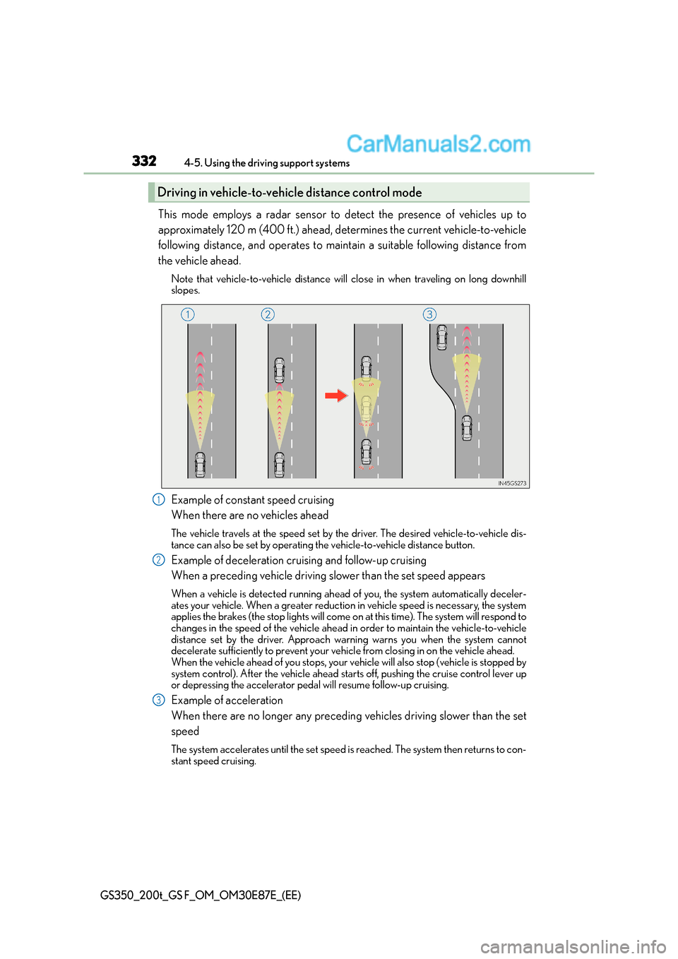 Lexus GS F 2015  Owners Manuals 3324-5. Using the driving support systems
GS350_200t_GS F_OM_OM30E87E_(EE)
This mode employs a radar sensor to detect the presence of vehicles up to
approximately 120 m (400 ft.) ahead, determines the