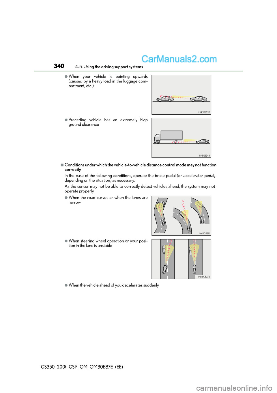 Lexus GS F 2015 Owners Manuals 3404-5. Using the driving support systems
GS350_200t_GS F_OM_OM30E87E_(EE)
■Conditions under which the vehicle-to-vehicle distance control mode may not function
correctly
In the case of the followi Lexus GS F 2015 Owners Manuals 3404-5. Using the driving support systems
GS350_200t_GS F_OM_OM30E87E_(EE)
■Conditions under which the vehicle-to-vehicle distance control mode may not function
correctly
In the case of the followi