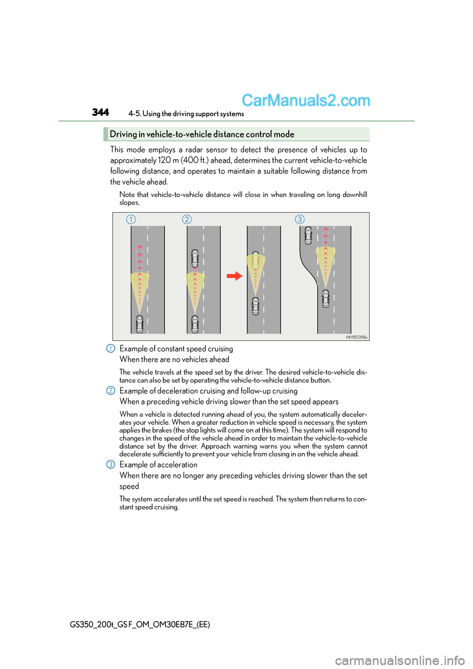 Lexus GS F 2015  Owners Manuals 3444-5. Using the driving support systems
GS350_200t_GS F_OM_OM30E87E_(EE)
This mode employs a radar sensor to detect the presence of vehicles up to
approximately 120 m (400 ft.) ahead, determines the