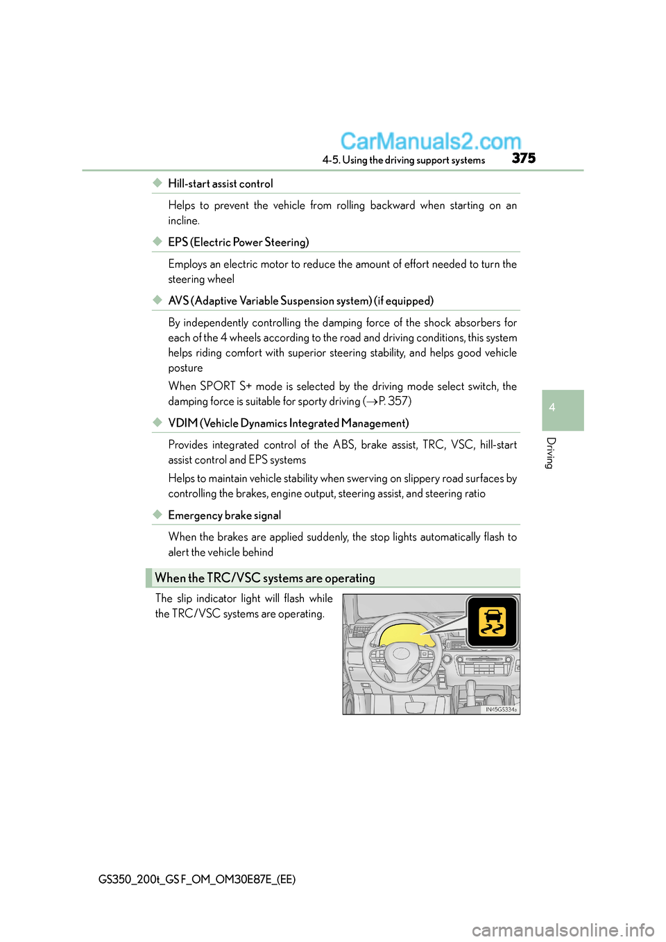 Lexus GS F 2015 Owners Manuals 3754-5. Using the driving support systems
4
Driving
GS350_200t_GS F_OM_OM30E87E_(EE)
◆Hill-start assist control
Helps to prevent the vehicle from rolling backward when starting on an
incline.
◆EPS Lexus GS F 2015 Owners Manuals 3754-5. Using the driving support systems
4
Driving
GS350_200t_GS F_OM_OM30E87E_(EE)
◆Hill-start assist control
Helps to prevent the vehicle from rolling backward when starting on an
incline.
◆EPS