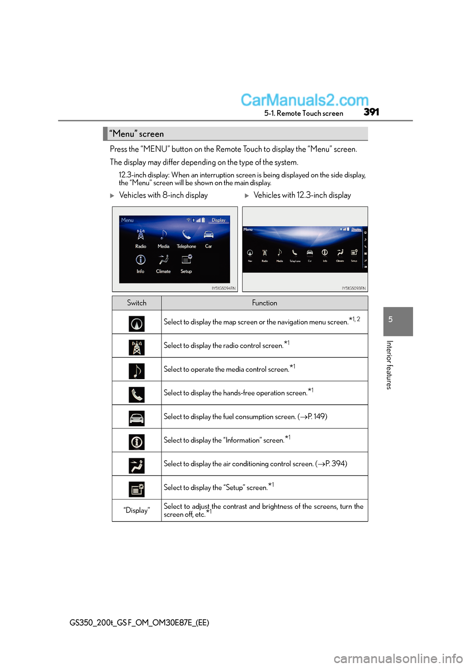 Lexus GS F 2015 Owners Manuals 3915-1. Remote Touch screen
5
Interior features
GS350_200t_GS F_OM_OM30E87E_(EE)
Press the “MENU” button on the Remote Touch to display the “Menu” screen.
The display may differ depending on t Lexus GS F 2015 Owners Manuals 3915-1. Remote Touch screen
5
Interior features
GS350_200t_GS F_OM_OM30E87E_(EE)
Press the “MENU” button on the Remote Touch to display the “Menu” screen.
The display may differ depending on t