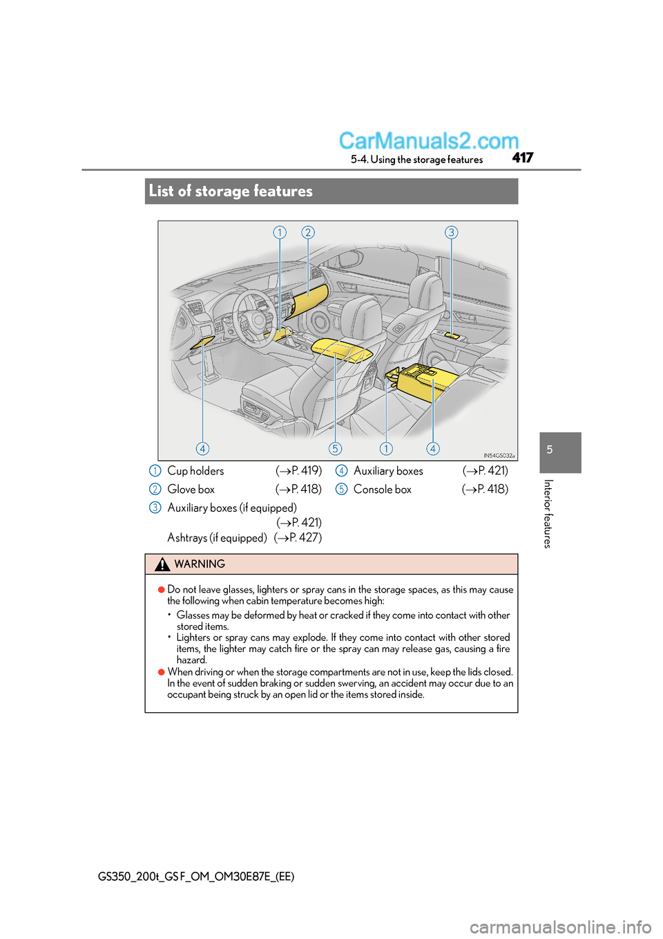 Lexus GS F 2015 Owners Manuals 417
5
5-4. Using the storage features
Interior features
GS350_200t_GS F_OM_OM30E87E_(EE)
List of storage features
Cup holders (
→P. 4 1 9 )
Glove box ( →P. 4 1 8 )
Auxiliary boxes (if equipped) Lexus GS F 2015 Owners Manuals 417
5
5-4. Using the storage features
Interior features
GS350_200t_GS F_OM_OM30E87E_(EE)
List of storage features
Cup holders (
→P. 4 1 9 )
Glove box ( →P. 4 1 8 )
Auxiliary boxes (if equipped)