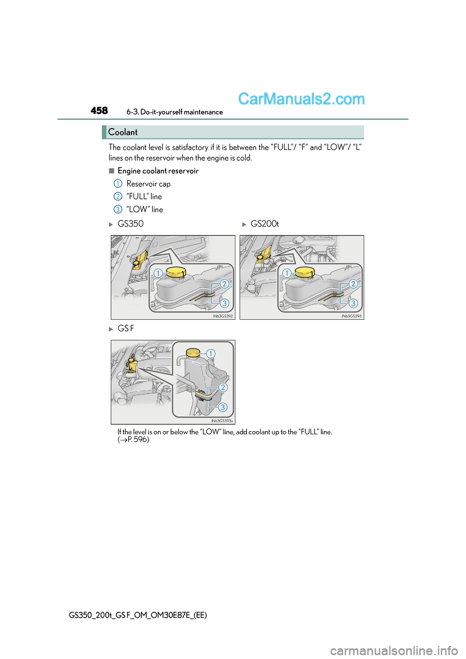 Lexus GS F 2015  Owners Manuals 4586-3. Do-it-yourself maintenance
GS350_200t_GS F_OM_OM30E87E_(EE)
The coolant level is satisfactory if it is between the “FULL”/ “F” and “LOW”/ “L”
lines on the reservoir when the en