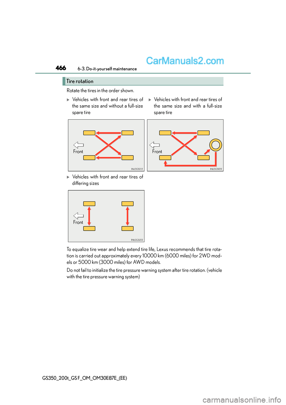 Lexus GS F 2015 Owners Manuals 4666-3. Do-it-yourself maintenance
GS350_200t_GS F_OM_OM30E87E_(EE)
Rotate the tires in the order shown.
To equalize tire wear and help extend tire life, Lexus recommends that tire rota-
tion is carri Lexus GS F 2015 Owners Manuals 4666-3. Do-it-yourself maintenance
GS350_200t_GS F_OM_OM30E87E_(EE)
Rotate the tires in the order shown.
To equalize tire wear and help extend tire life, Lexus recommends that tire rota-
tion is carri