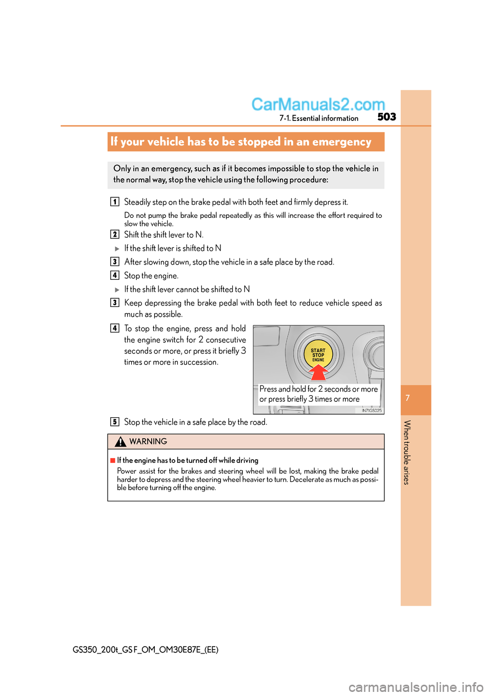 Lexus GS F 2015  s User Guide 503
7
7-1. Essential information
When trouble arises
GS350_200t_GS F_OM_OM30E87E_(EE)
If your vehicle has to be stopped in an emergency
Steadily step on the brake pedal with both feet and firmly depre