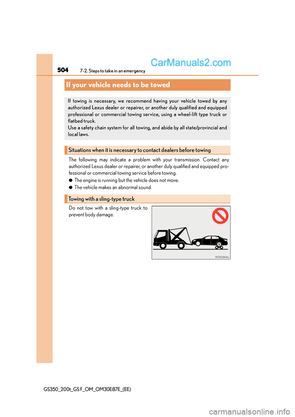 Lexus GS F 2015 Owners Manuals 5047-2. Steps to take in an emergency
GS350_200t_GS F_OM_OM30E87E_(EE)
If your vehicle needs to be towed
The following may indicate a problem with your transmission. Contact any
authorized Lexus deale Lexus GS F 2015 Owners Manuals 5047-2. Steps to take in an emergency
GS350_200t_GS F_OM_OM30E87E_(EE)
If your vehicle needs to be towed
The following may indicate a problem with your transmission. Contact any
authorized Lexus deale