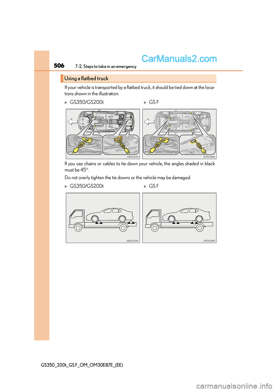 Lexus GS F 2015  Owners Manuals 5067-2. Steps to take in an emergency
GS350_200t_GS F_OM_OM30E87E_(EE)
If your vehicle is transported by a flatbed truck, it should be tied down at the loca-
tions shown in the illustration.
If you us