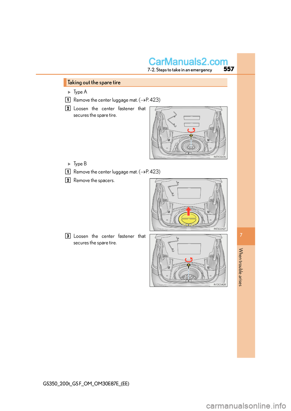 Lexus GS F 2015  Owners Manuals 5577-2. Steps to take in an emergency
7
When trouble arises
GS350_200t_GS F_OM_OM30E87E_(EE)
�XTy p e  A
Remove the center luggage mat. (→P.  4 2 3 )
Loosen the center fastener that
secures the spar