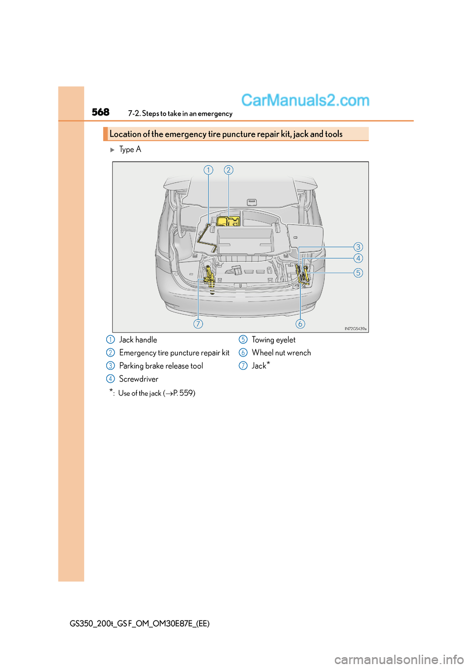 Lexus GS F 2015  Owners Manuals 5687-2. Steps to take in an emergency
GS350_200t_GS F_OM_OM30E87E_(EE)
�XTy p e  A
*:  Use of the jack (→P. 559)
Location of the emergency tire puncture repair kit, jack and tools 
Jack handle
Emerg