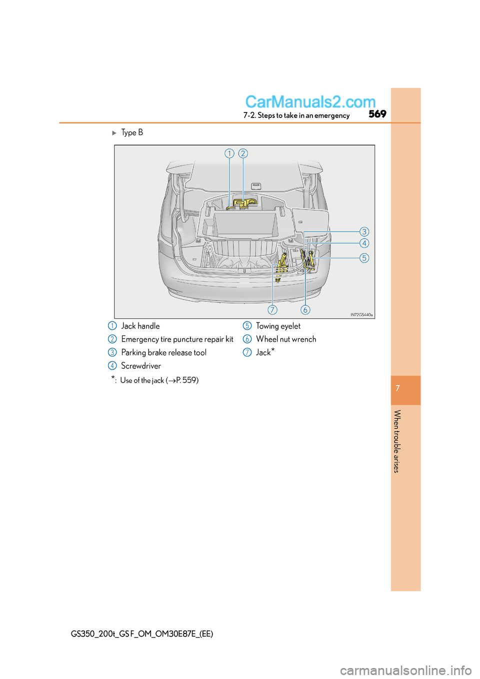 Lexus GS F 2015  Owners Manuals 5697-2. Steps to take in an emergency
7
When trouble arises
GS350_200t_GS F_OM_OM30E87E_(EE)
�XTy p e  B
*:  Use of the jack (→P. 559)
Jack handle
Emergency tire puncture repair kit
Parking brake re