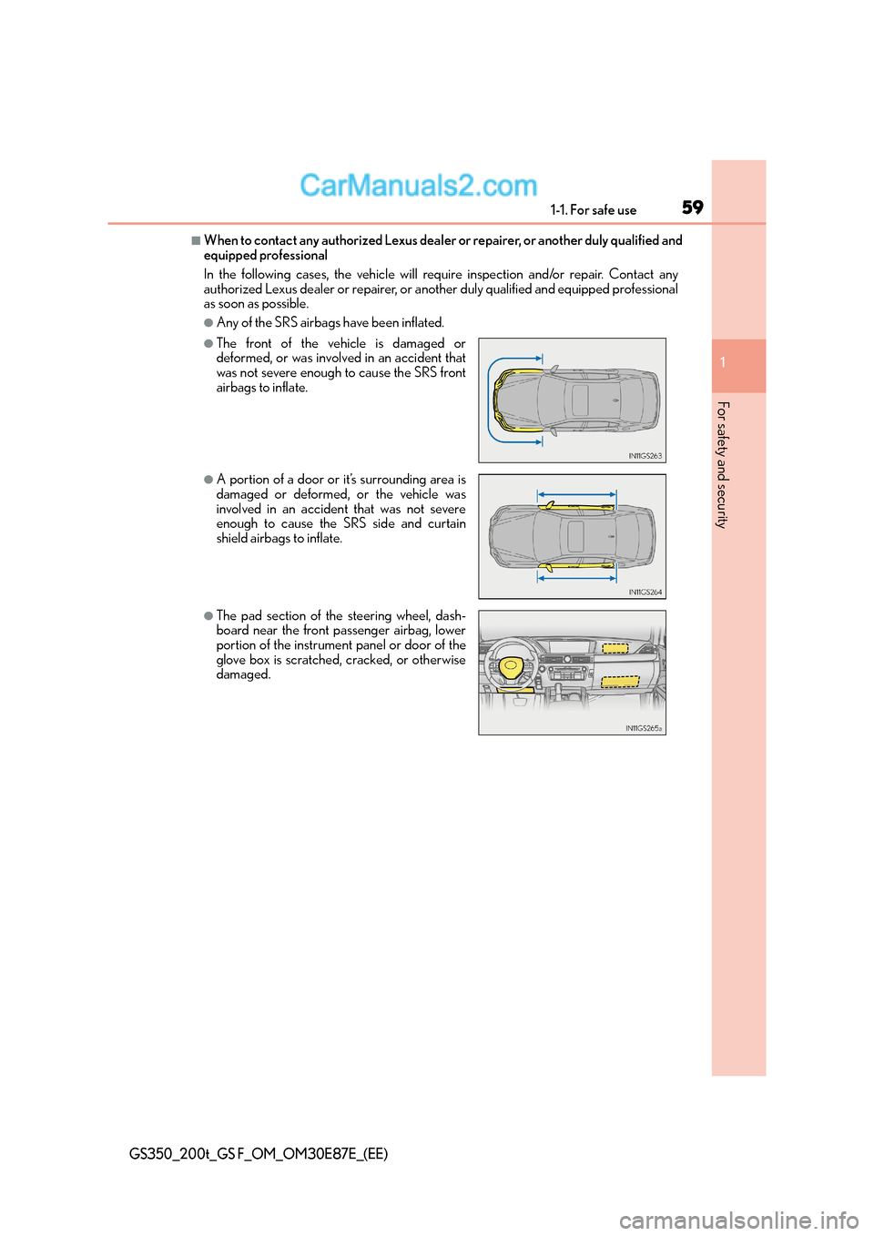 Lexus GS F 2015  s Workshop Manual 591-1. For safe use
1
For safety and security
GS350_200t_GS F_OM_OM30E87E_(EE)
■When to contact any authorized Lexus dealer or repairer, or another duly qualified and
equipped professional
In the fo