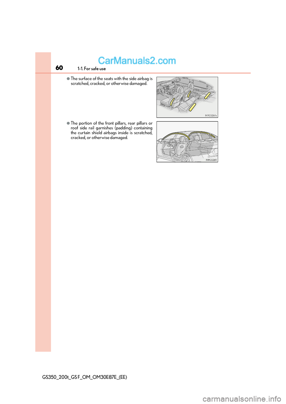 Lexus GS F 2015  Owners Manuals 601-1. For safe use
GS350_200t_GS F_OM_OM30E87E_(EE)
●The surface of the seats with the side airbag is
scratched, cracked, or otherwise damaged.
●The portion of the front pillars, rear pillars or
