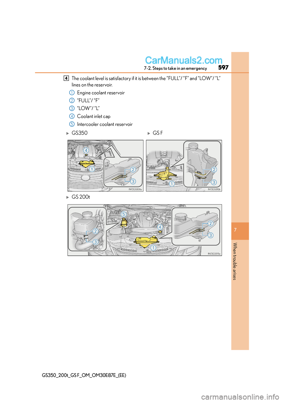 Lexus GS F 2015  s User Guide 5977-2. Steps to take in an emergency
7
When trouble arises
GS350_200t_GS F_OM_OM30E87E_(EE)
The coolant level is satisfactory if it is between the “FULL”/ “F” and “LOW”/ “L”
lines on 