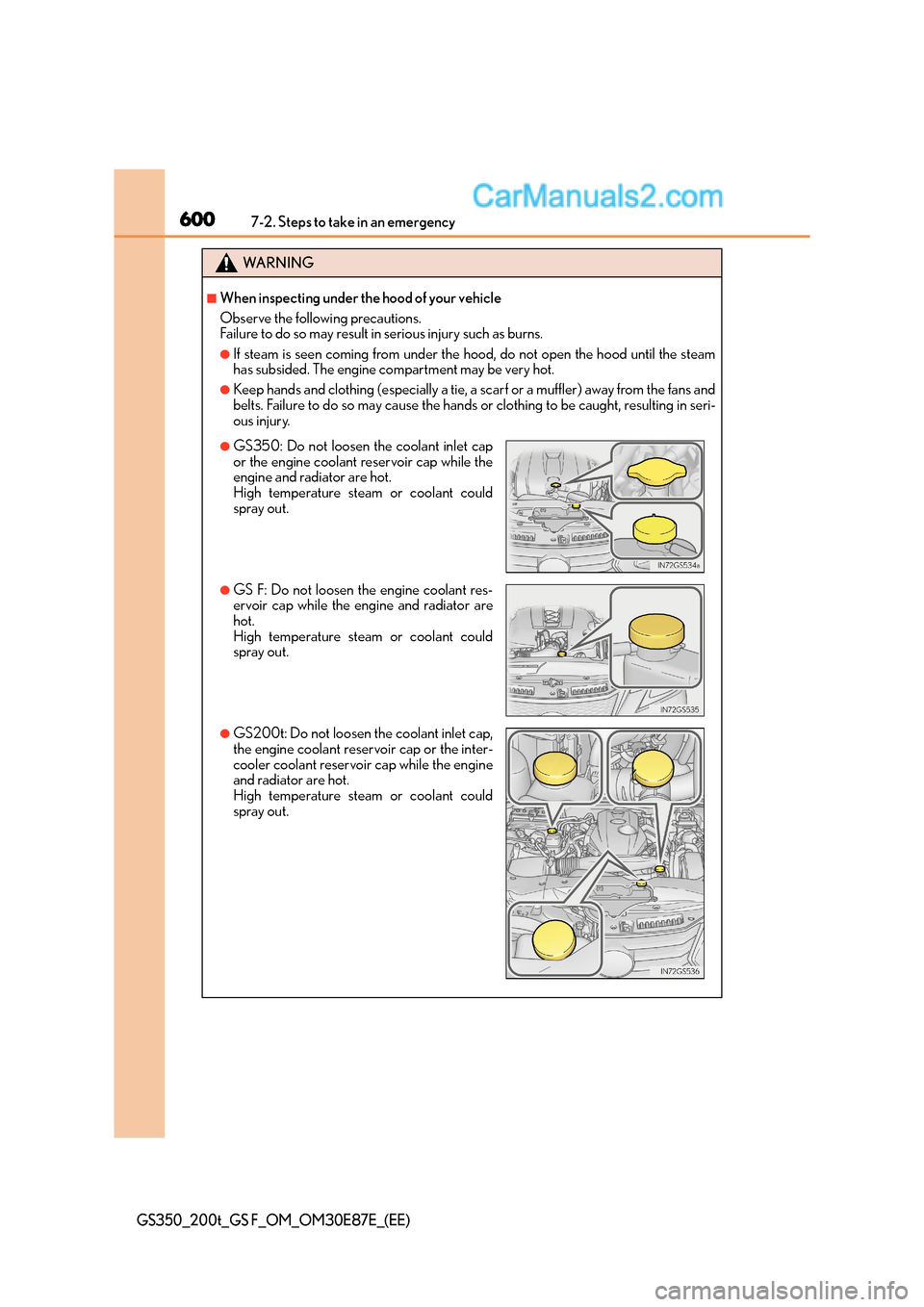 Lexus GS F 2015  s Owners Guide 6007-2. Steps to take in an emergency
GS350_200t_GS F_OM_OM30E87E_(EE)
WA R N I N G
■When inspecting under the hood of your vehicle
Observe the following precautions. 
Failure to do so may result in