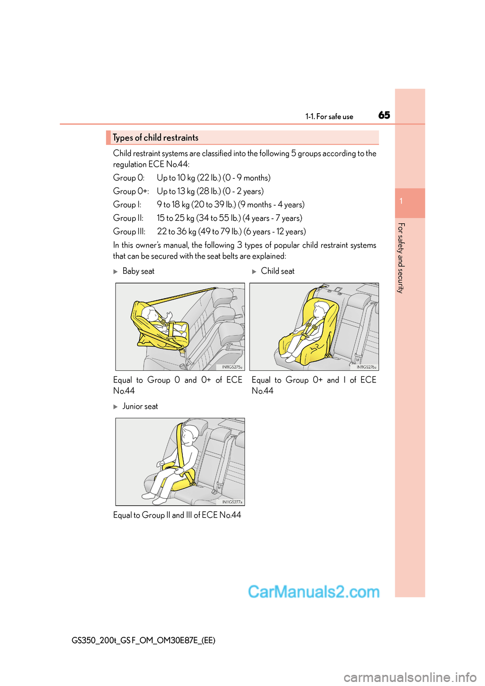 Lexus GS F 2015 s Repair Manual 651-1. For safe use
1
For safety and security
GS350_200t_GS F_OM_OM30E87E_(EE)
Child restraint systems are classified into the following 5 groups according to the
regulation ECE No.44:
Group 0: Up to Lexus GS F 2015 s Repair Manual 651-1. For safe use
1
For safety and security
GS350_200t_GS F_OM_OM30E87E_(EE)
Child restraint systems are classified into the following 5 groups according to the
regulation ECE No.44:
Group 0: Up to