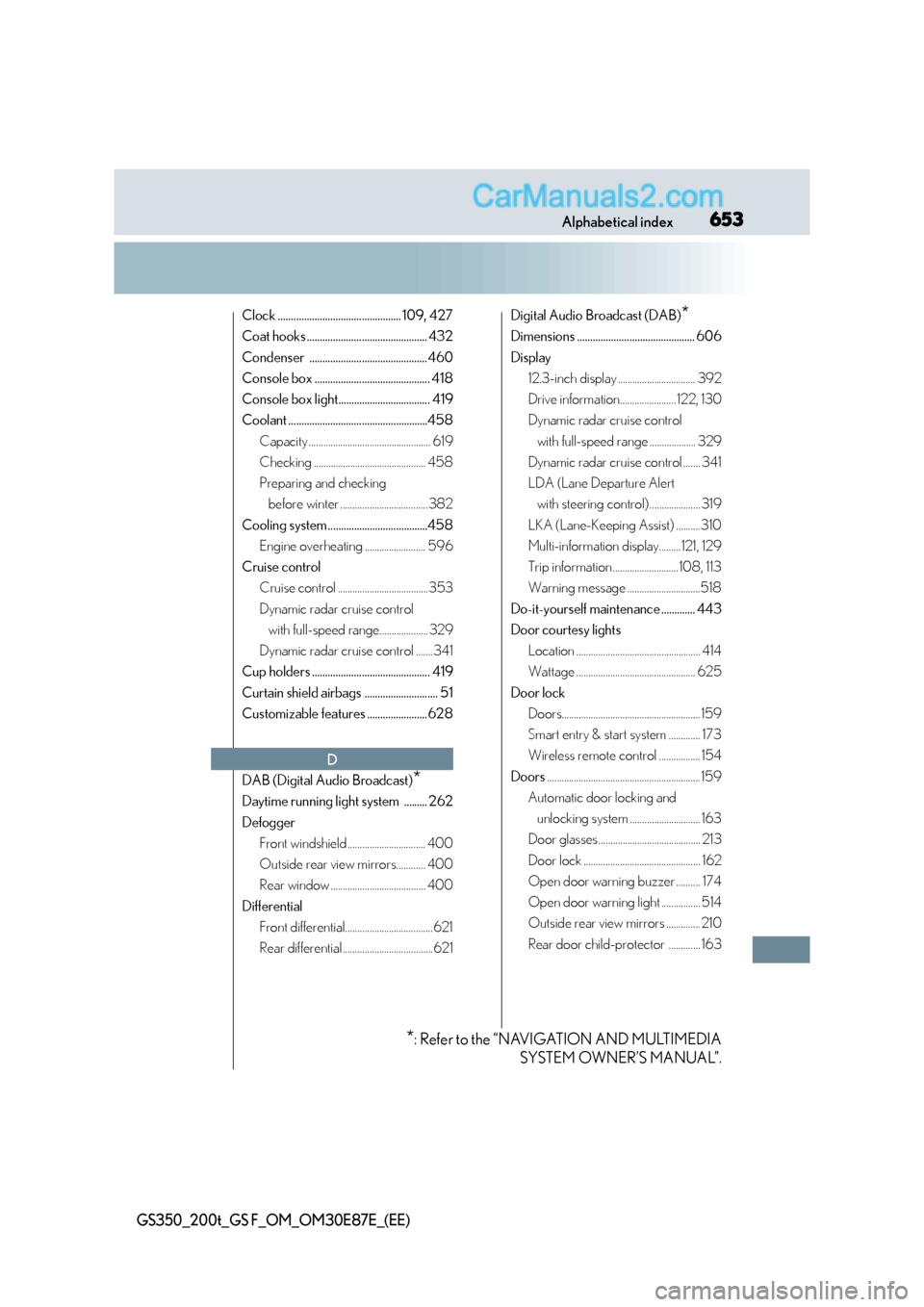 Lexus GS F 2015  Owners Manuals 653Alphabetical index
GS350_200t_GS F_OM_OM30E87E_(EE)
Clock ............................................... 109, 427
Coat hooks .............................................. 432
Condenser ..........