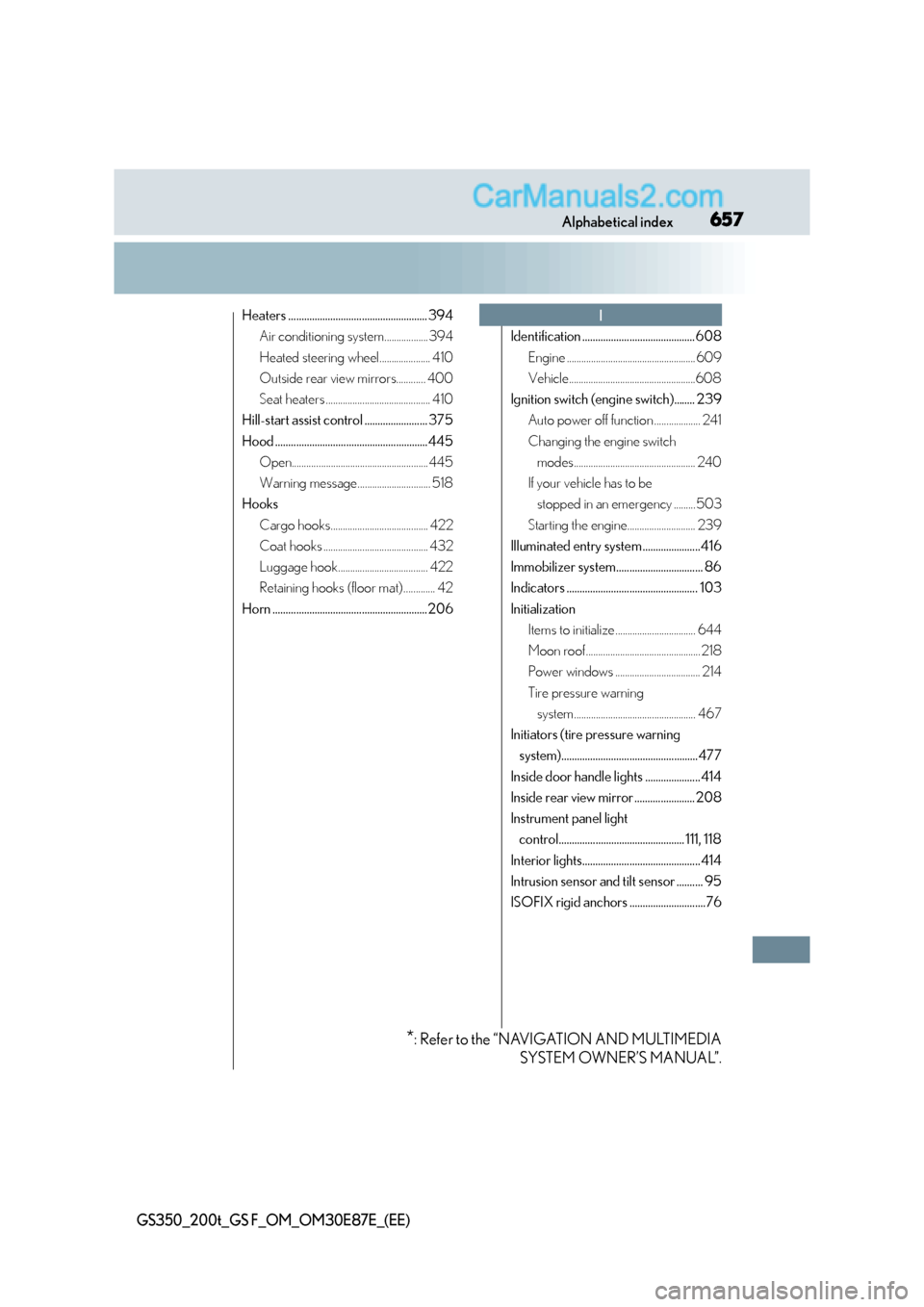 Lexus GS F 2015  Owners Manuals 657Alphabetical index
GS350_200t_GS F_OM_OM30E87E_(EE)
Heaters ..................................................... 394Air conditioning system.................. 394
Heated steering wheel.............