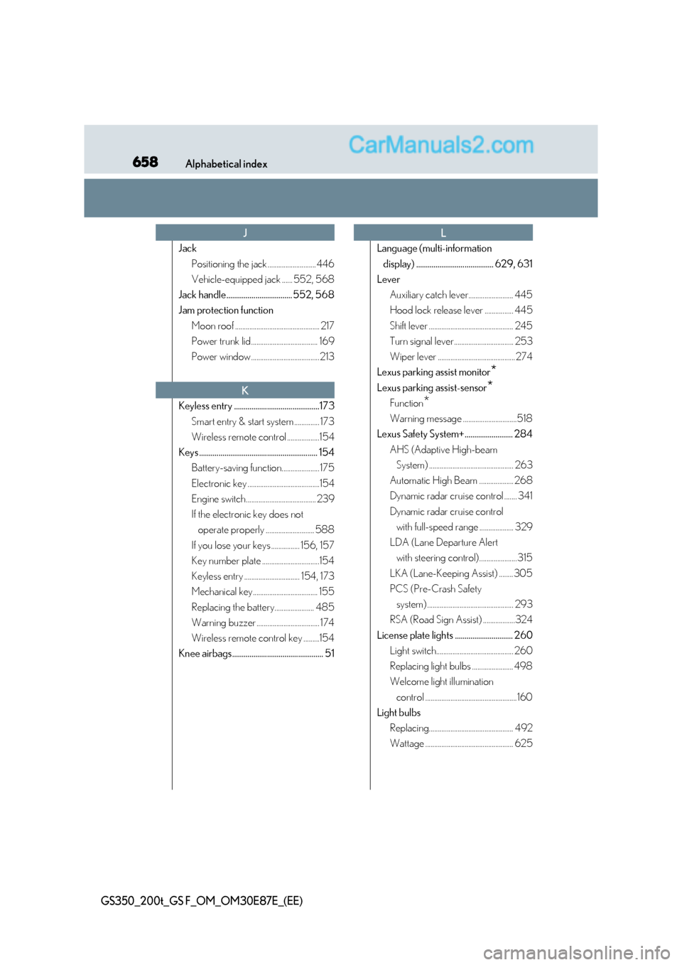 Lexus GS F 2015  s Repair Manual 658Alphabetical index
GS350_200t_GS F_OM_OM30E87E_(EE)
JackPositioning the jack ........................... 446
Vehicle-equipped jack ...... 552, 568
Jack handle.................................. 552,