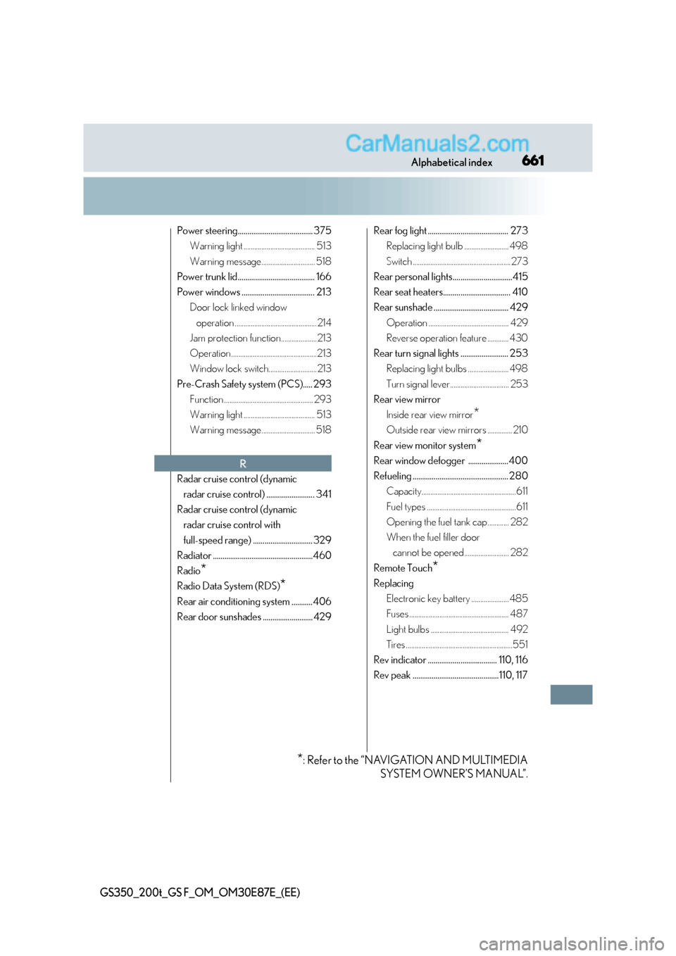 Lexus GS F 2015  Owners Manuals 661Alphabetical index
GS350_200t_GS F_OM_OM30E87E_(EE)
Power steering....................................... 375Warning light ........................................ 513
Warning message..............